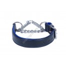 Adjustable PADDED Half check / Martingale Leather Dog Collar - Black with Royal Blue Lining. (Stainless Steel Chain)